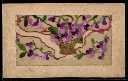 Seidenstick-AK Korb mit violetten Blumen, Seidentäschchen, Ornament-Rahmen