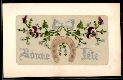 Seidenstick-AK Blumen, Hufeisen, Schriftzug Bonne Fete, Ornament-Rahmen