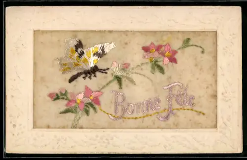 Seidenstick-AK AK Schmetterling u. Blumen, Schriftzug Bonne Fete, Ornament-Rahmen