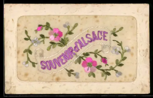 Seidenstick-AK Blumen mit Schriftzug Souvenir d`Alsace, Ornament-Rahmen