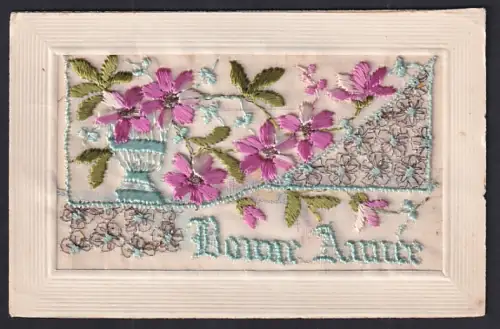 Seidenstick-AK Blumen-Täschchen mit Kärtchen, Schriftzug Bonne Année, Ornament-Rahmen