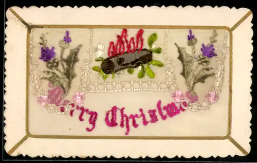 Seidenstick-AK Brennendes Holz, Blumen, Seidentäschchen, Schriftzug Merry Christmas, Briefumschlag-Rahmen