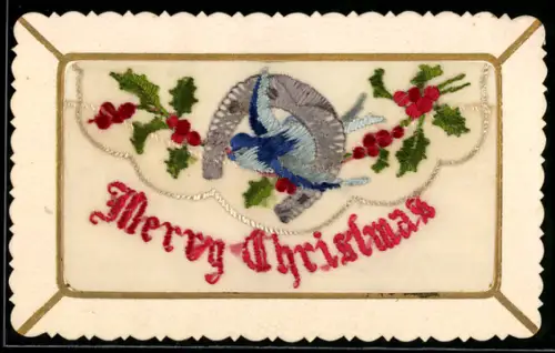 Seidenstick-AK Ilex, Hufeisen, Schwalbe, Seidentasche mit Schriftzug Merry Christmas, Briefumschlag-Rahmen