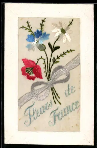 Seidenstick-AK Blumenstrauss mit Mohn u. Kornblume, Schriftzug Fleurs de France, Briefumschlag-Rahmen