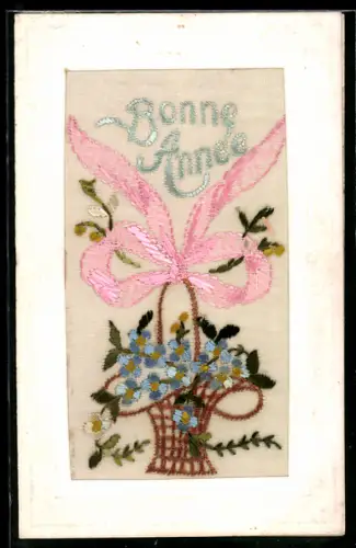 Seidenstick-AK Blümenkörbchen mit Schleife, Schriftzug Bonne Année, Ornament-Rahmen