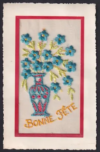 Seidenstick-AK Vase mit blauen Blumen, Schriftzug Bonne Fete, Rahmen