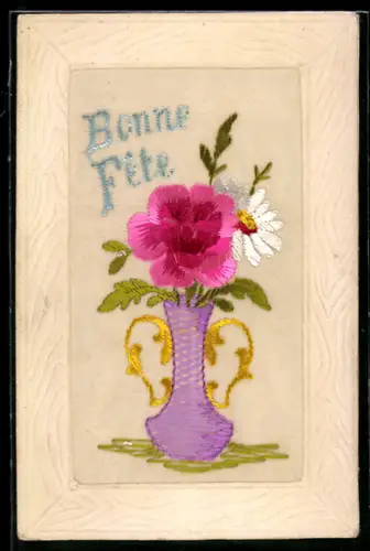 Seidenstick-AK Vase mit Rose u. Margerite, Schriftzug Bonne Fete, Ornament-Rahmen