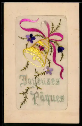 Seidenstick-AK Glocke mit Blumen u. Schleife, Schriftzug Jeyeuses Paques, Ornament-Rahmen