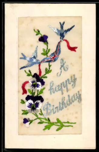 Seidenstick-AK Blumen u. Schwalben mit britischer Flagge, Schriftzug A happy Birthday, Ornament-Rahmen