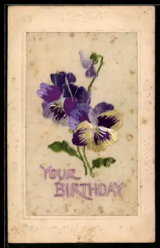 Seidenstick-AK Stiefmütterchen, Schriftzug Your Birthday, Ornament-Rahmen