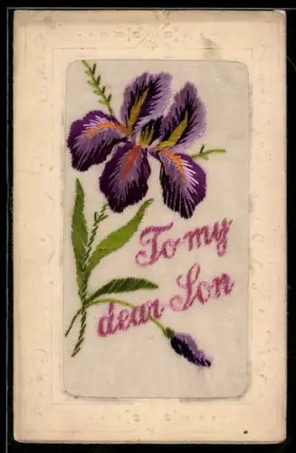 Seidenstick-AK Violette Blume, Schriftzug To my dear Son, Ornament-Rahmen