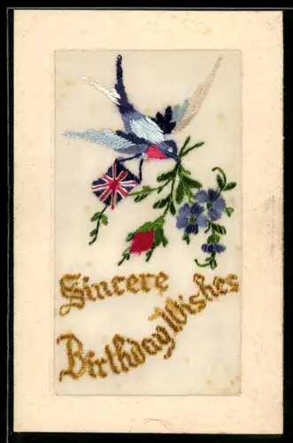 Seidenstick-AK Vogel mit Blumen u. britischer Fahne, Schriftzug Sincere Birthday Wishes, Ornament-Rahmen