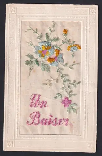 Seidenstick-AK Blumen, Schriftzug Un Baiser, Ornament-Rahmen