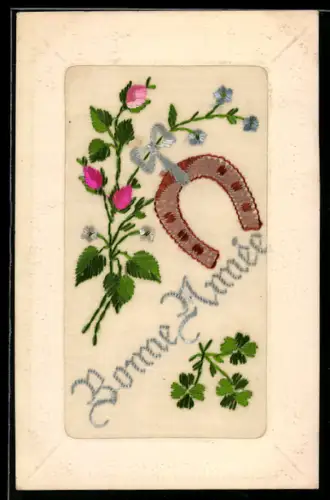 Seidenstick-AK Rose, Gkücksklee, Hufeisen, Schriftzug Bonne Année, Ornament-Rahmen