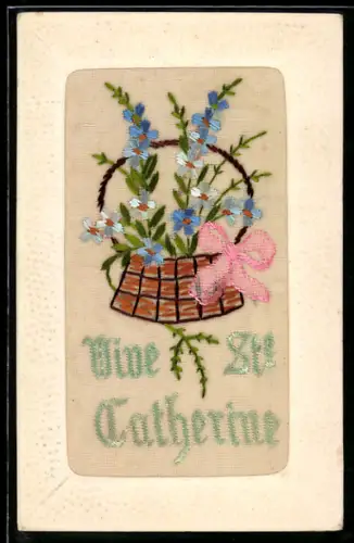 Seidenstick-AK Blumenkörbchen, Schriftzug Vive St. Catherine, Ornament-Rahmen
