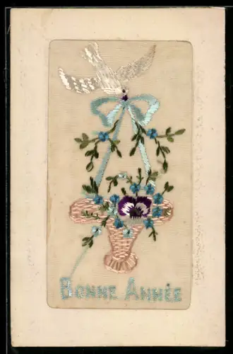 Seidenstick-AK Weisse Taube mit Blumenkorb, Schriftzug Bonne Année, Ornament-Rahmen