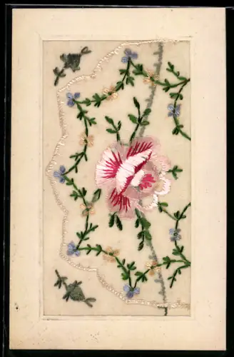 Seidenstick-AK Rose u. kleine Blumen, Seidentäschchen, Briefumschlag-Rahmen