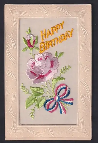 Seidenstick-AK Rose mit blau-weiss-rotem Band, Schriftzug Happy Birthday, Ornament-Rahmen