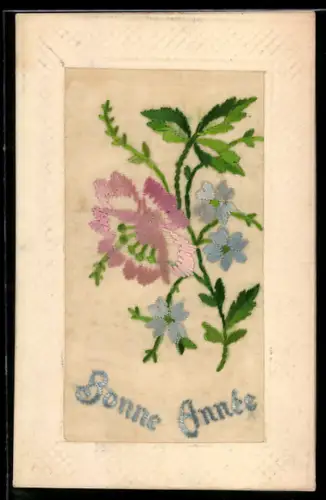 Seidenstick-AK Rosa Blüte u. blaue Blumen, Schriftzug Bonne Année, Ornament-Rahmen
