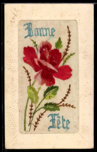 Seidenstick-AK Rote Blume, Schriftzug Bonne Fete, Ornament-Rahmen