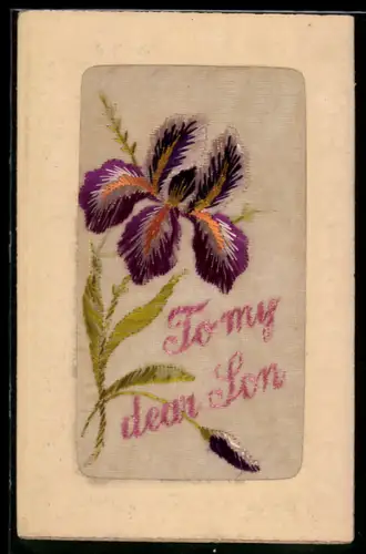 Seidenstick-AK Violette Blume, Schriftzug To my dear Son, Ornament-Rahmen mit Kleeblättern