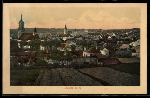 AK Zwettl /N.-Ö., Panorama mit Ort und Kirchen