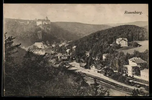 AK Rosenburg, Panorama mit Burg, Ort und Bahnlinie