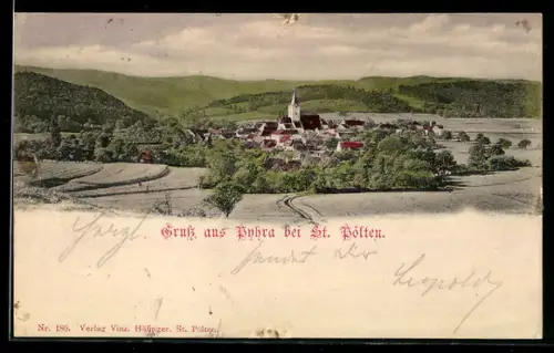 AK Pyhra bei St. Pölten, Ortspanorama mit Kirche und Feldern