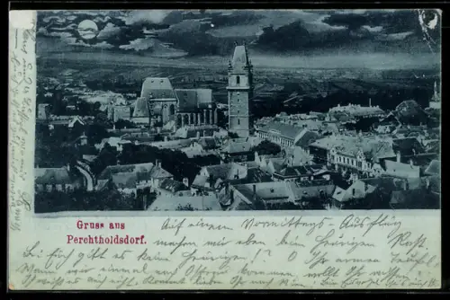 Mondschein-AK Perchtoldsdorf, Panorama mit Kirche und Turm
