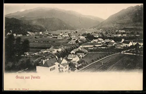 AK Pernitz, Ortsansicht mit Bergpanorama