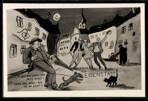 Künstler-AK Eisenstadt, Karikaturhafte Strassenszene mit tanzendem Paar und Hund