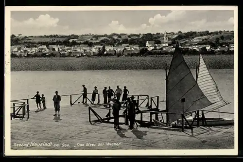 AK Neusiedl am See, Steg mit Segelbooten und Ortspanorama