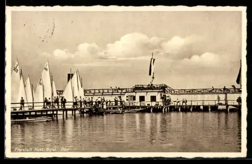 AK Rust /Bgld, Seebad mit Steg und Segelbooten