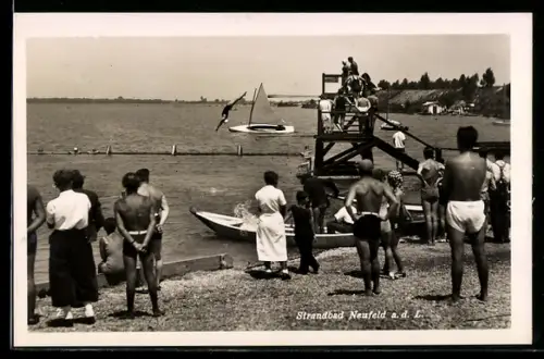 AK Neufeld a. d. L., Strandbad mit Sprungturm und Badegästen