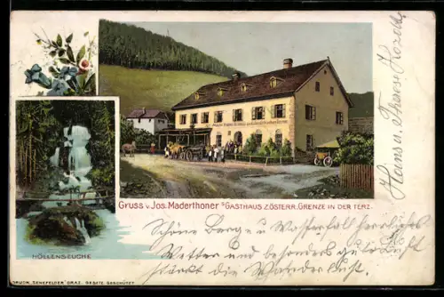 AK Mariazell, Gasthaus zur österr. Grenze in der Terz, Inh. Jos. Maderthoner, Höllenseuche