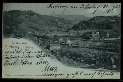 AK Kirchberg a. d. Pielach, Panorama mit Ort, Fluss und Brücke