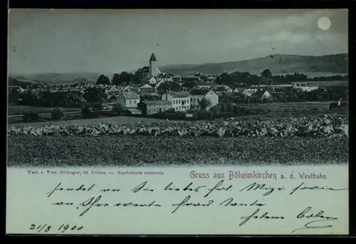 Mondschein-AK Böheimkirchen a. d. Westbahn, Panorama mit Kirche und Ort