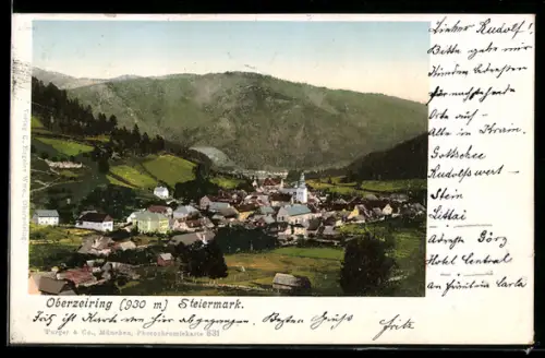 AK Oberzeiring /Steiermark, Dorfpanorama mit Kirche und Bergen