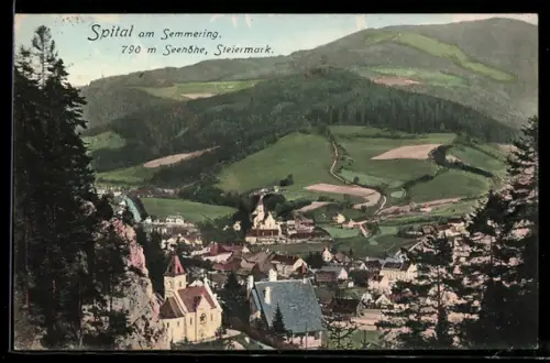 AK Spital am Semmering, Ortsansicht mit Kirche und Bergpanorama