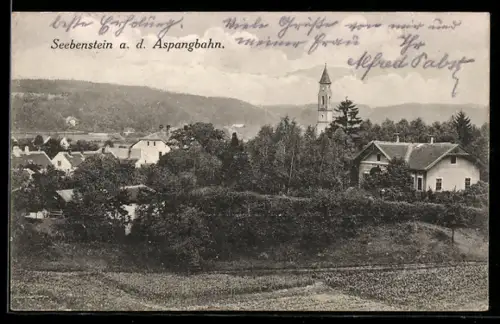 AK Seebenstein a. d. Aspangbahn, Dorfpanorama mit Kirche