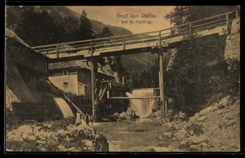 AK Palfau bei Gross-Reiffling, Mühlen am Gebirgsbach mit Holzbrücke