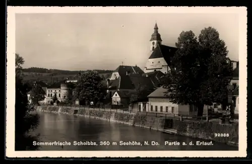 AK Scheibbs, Partie an der Erlauf, Uferzeile mit Kirche
