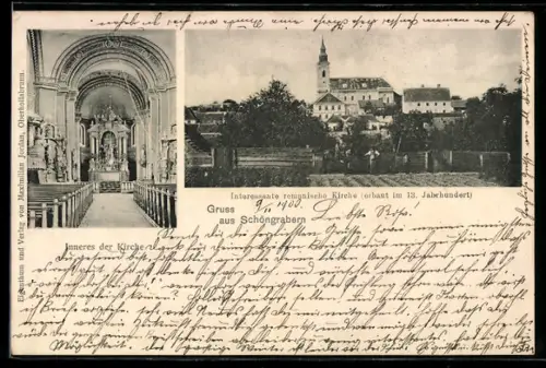 AK Grabern /N.-Oe., Gruss aus Schöngrabern, Romanische Kirche, Aussen- und Innenansicht