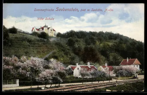 AK Seebenstein /N.-Ö., Villa Schulz, Ortsansicht mit Bahngleis