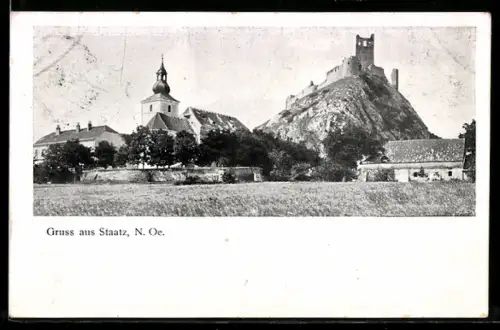 AK Staatz /N. Oe., Kirche und Burgruine