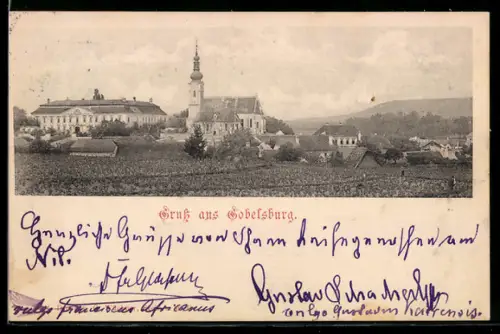 AK Gobelsburg, Panorama mit Schloss und Kirche