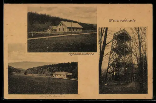 AK Klausen-Leopoldsdorf, Agsbach-Klausen, Zwei Ortsansichten, Wienerwaldwarte