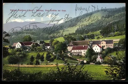 AK Stattegg, Grubers Gasthaus `Buch`, Panorama mit Kapelle