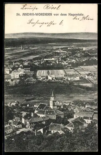 AK St. Andrä-Wördern, Ortsansicht mit Kirche, Panorama vor dem Hagental