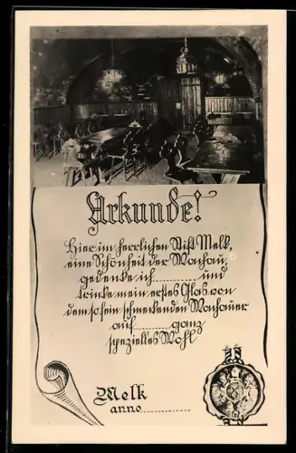 AK Melk, Kellerstube mit gewölbter Decke, Trinkerurkunde
